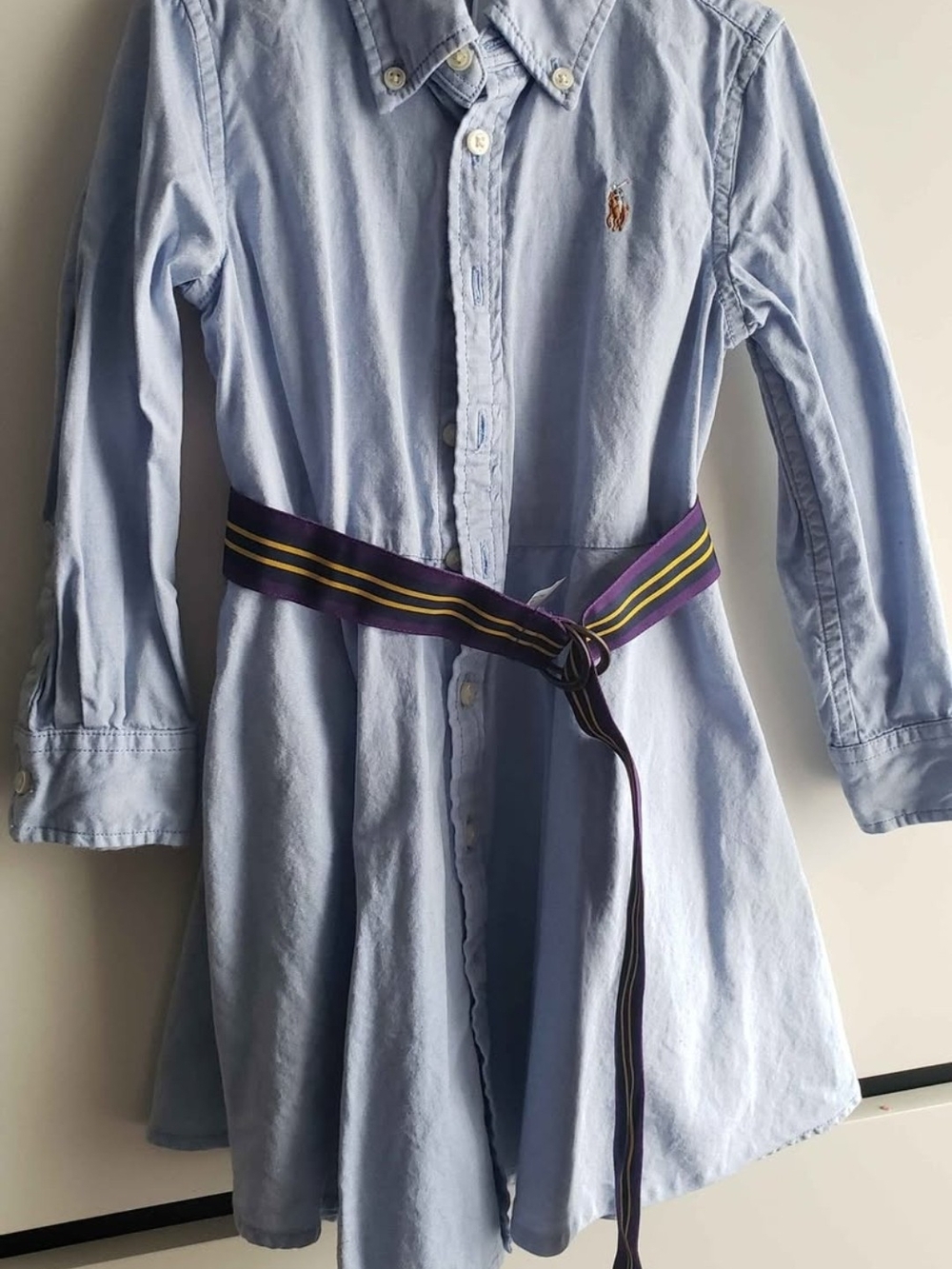 Ralph Lauren Light Blue Cotton Shirt Dress with Purple Striped Belt